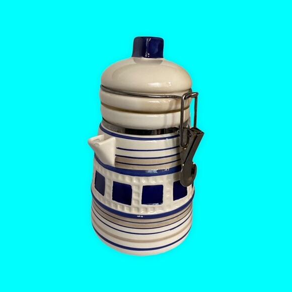 Vintage Lighthouse Teapot Canister with Bale Blue and White As Is READ 8.5"x4.5" - Picture 1 of 10